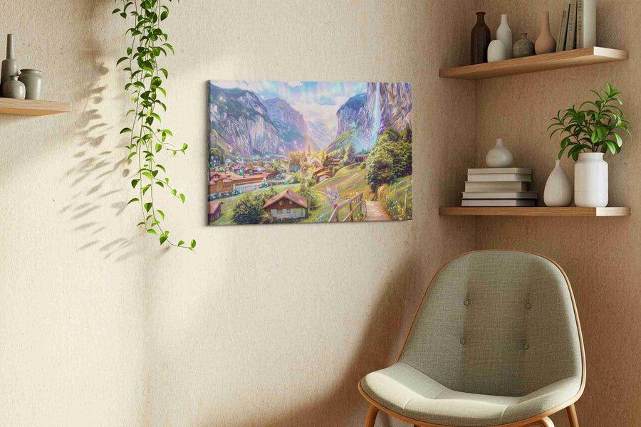 Aurora Vale Reverie fantasy canvas wall art displayed above a sofa in a styled living room scene