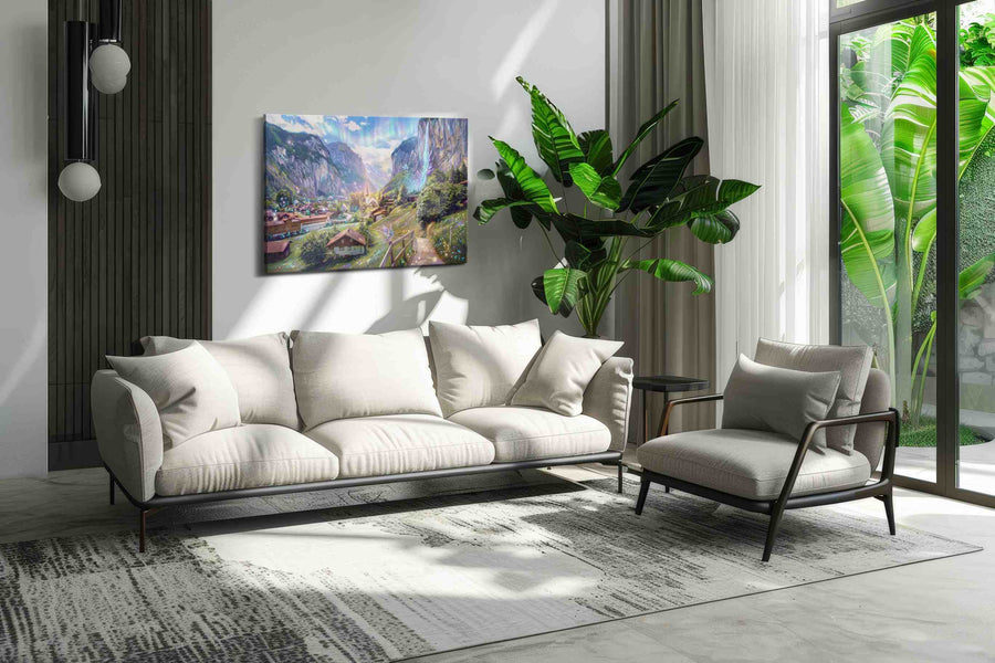 Aurora Vale Reverie fantasy canvas wall art in a modern interior mockup