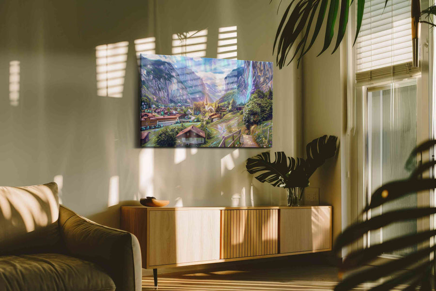 Aurora Vale Reverie fantasy canvas wall art in a contemporary interior mockup