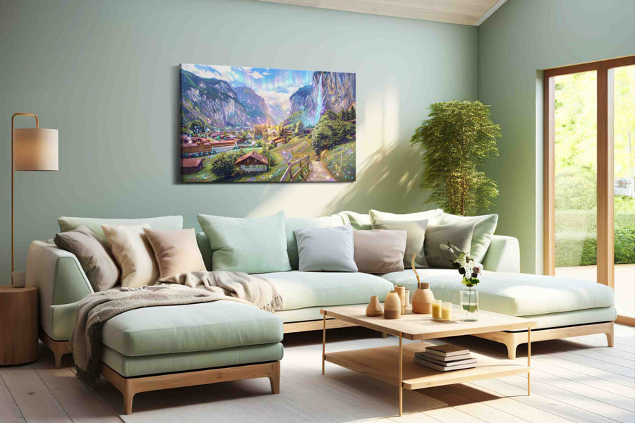 Aurora Vale Reverie fantasy canvas wall art shown hanging in a styled interior