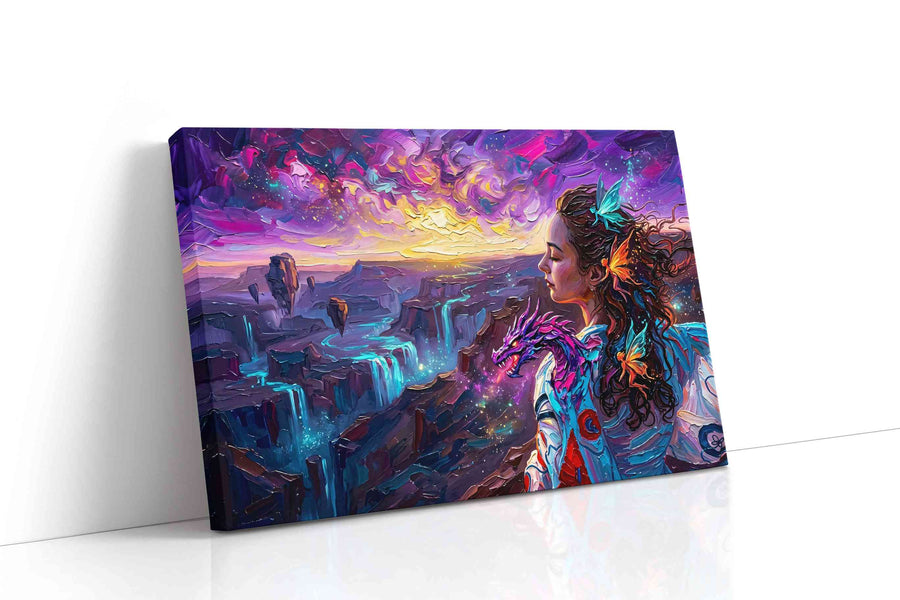 Aurora of the Dragon Muse fantasy canvas wall art displayed above a bed in a contemporary bedroom