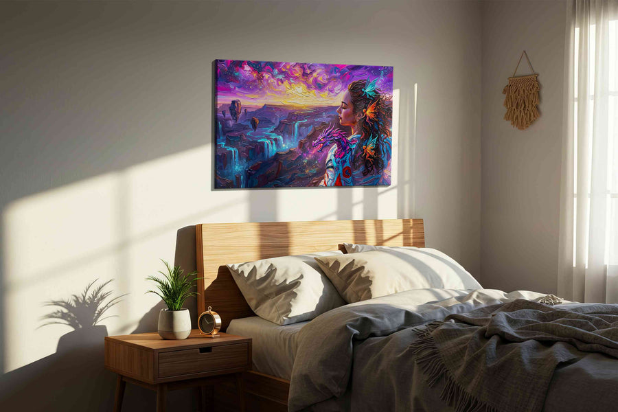 Aurora of the Dragon Muse fantasy canvas wall art displayed above a bed in a styled bedroom scene