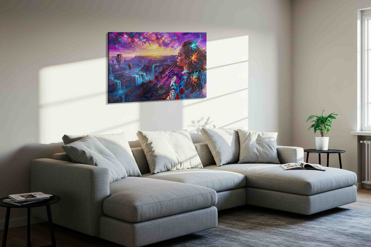 Aurora of the Dragon Muse fantasy canvas wall art displayed above a sofa in a styled living room scene