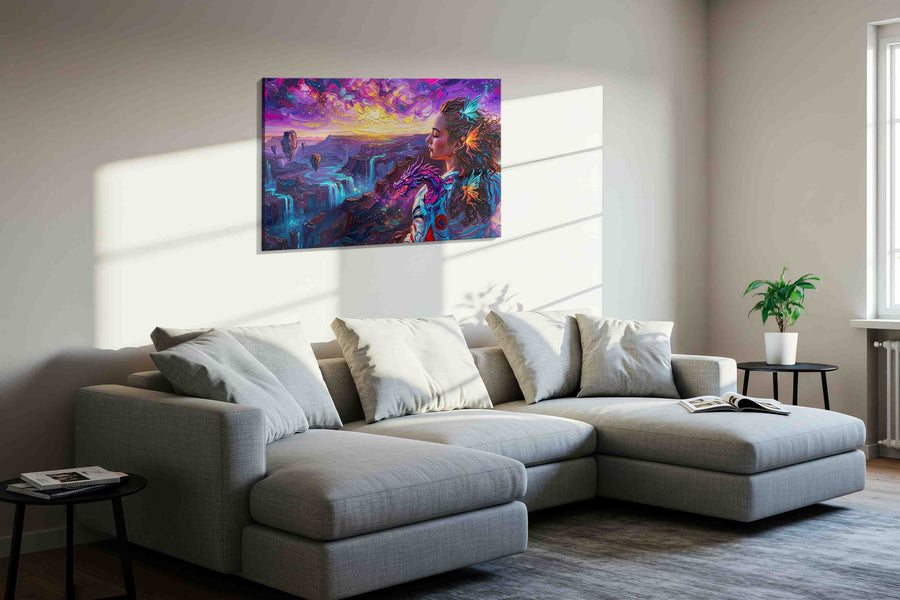 Aurora of the Dragon Muse fantasy canvas wall art displayed above a sofa in a styled living room scene