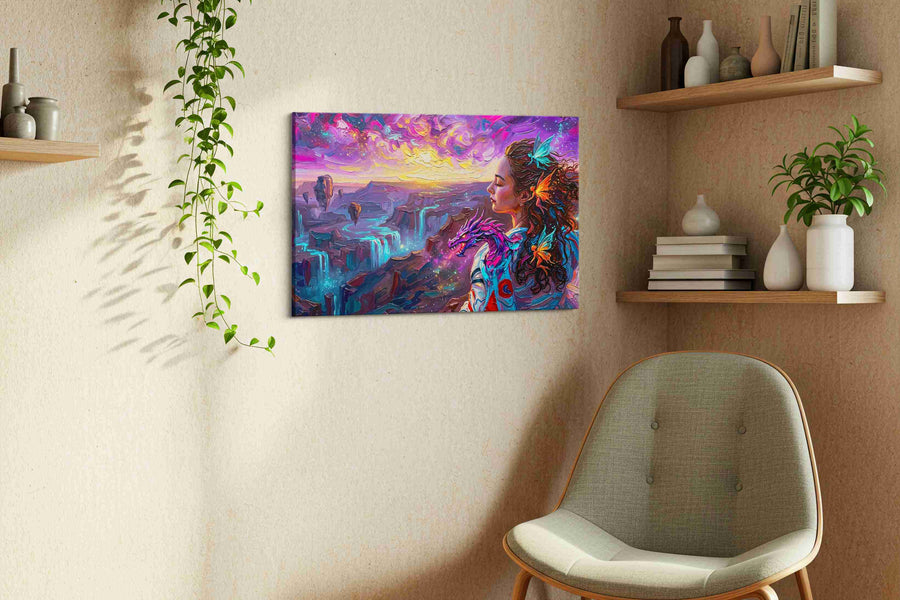 Aurora of the Dragon Muse fantasy canvas wall art styled in a living room