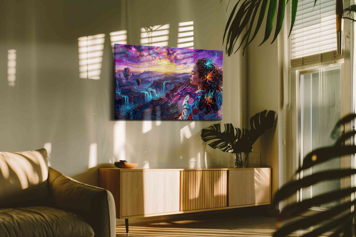 Aurora of the Dragon Muse fantasy canvas wall art displayed above a sofa in a modern living room