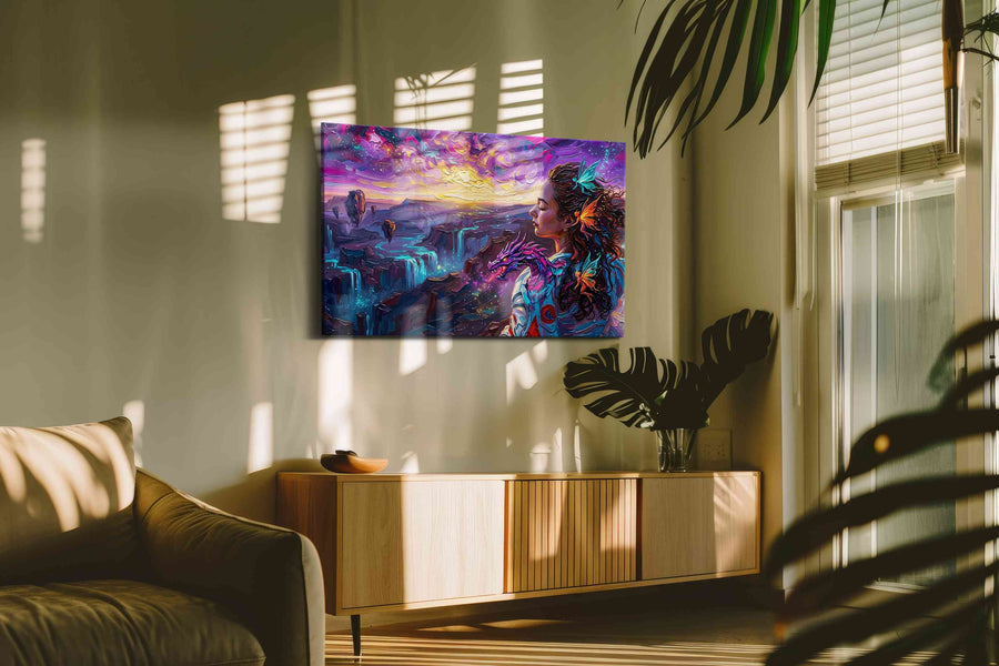 Aurora of the Dragon Muse fantasy canvas wall art displayed above a sofa in a modern living room