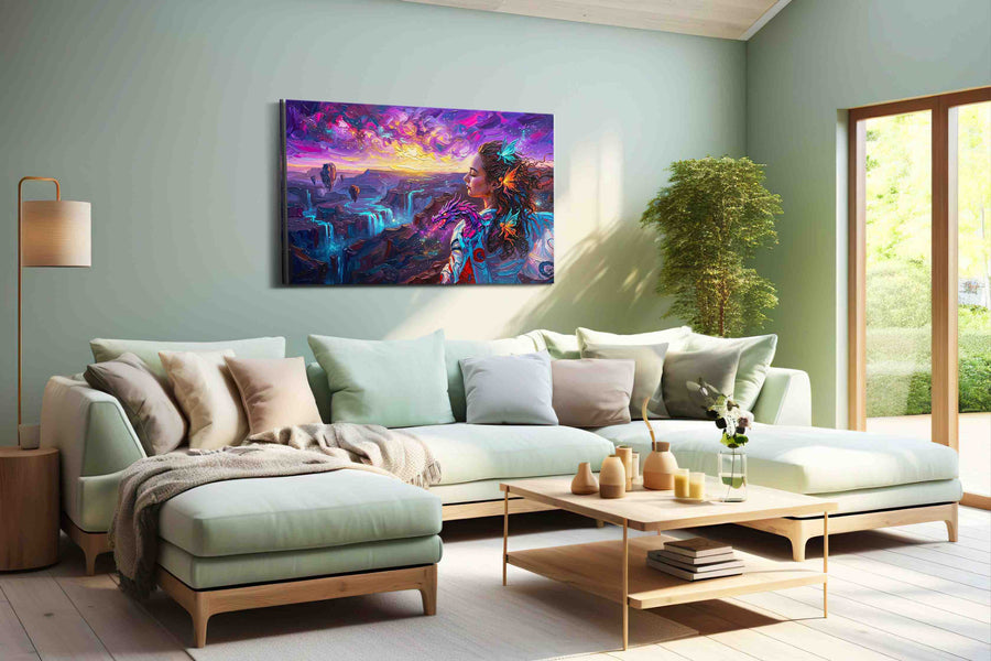 Aurora of the Dragon Muse fantasy canvas wall art shown hanging in a styled interior