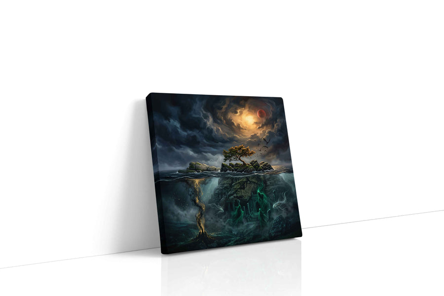 Blood Moon Over Sunken Runes fantasy canvas wall art displayed above a sofa in a modern living room