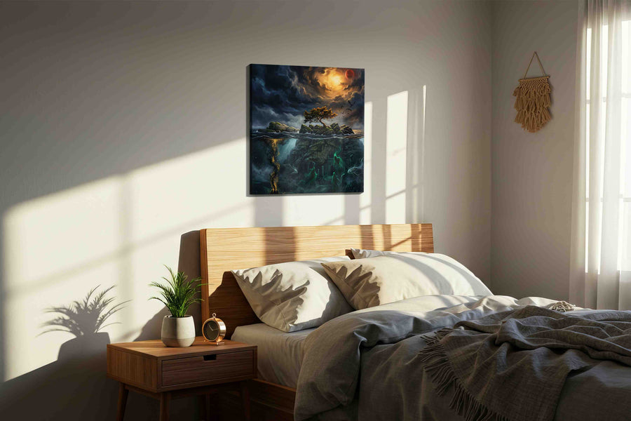 Blood Moon Over Sunken Runes fantasy canvas wall art displayed above a bed in a styled bedroom scene