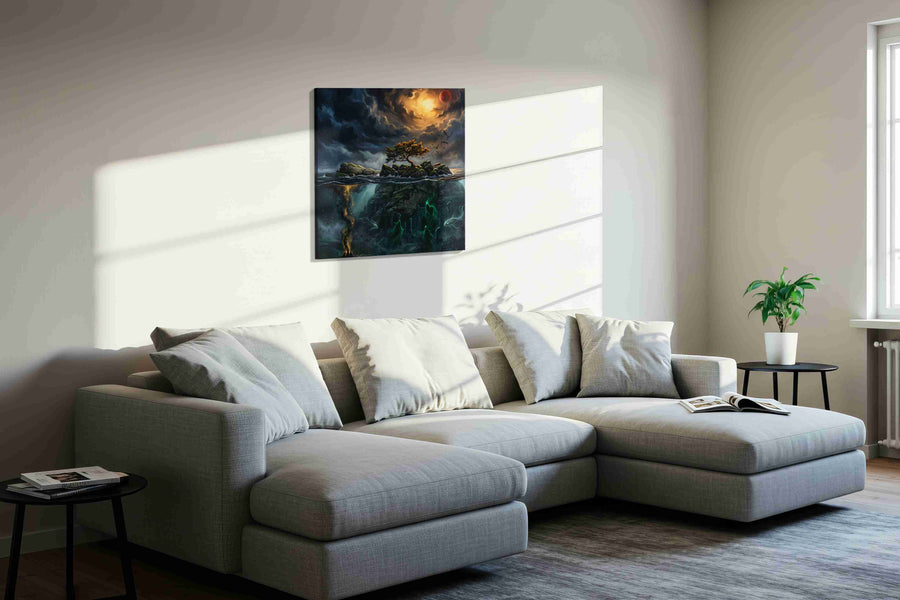 Blood Moon Over Sunken Runes fantasy canvas wall art styled in a living room