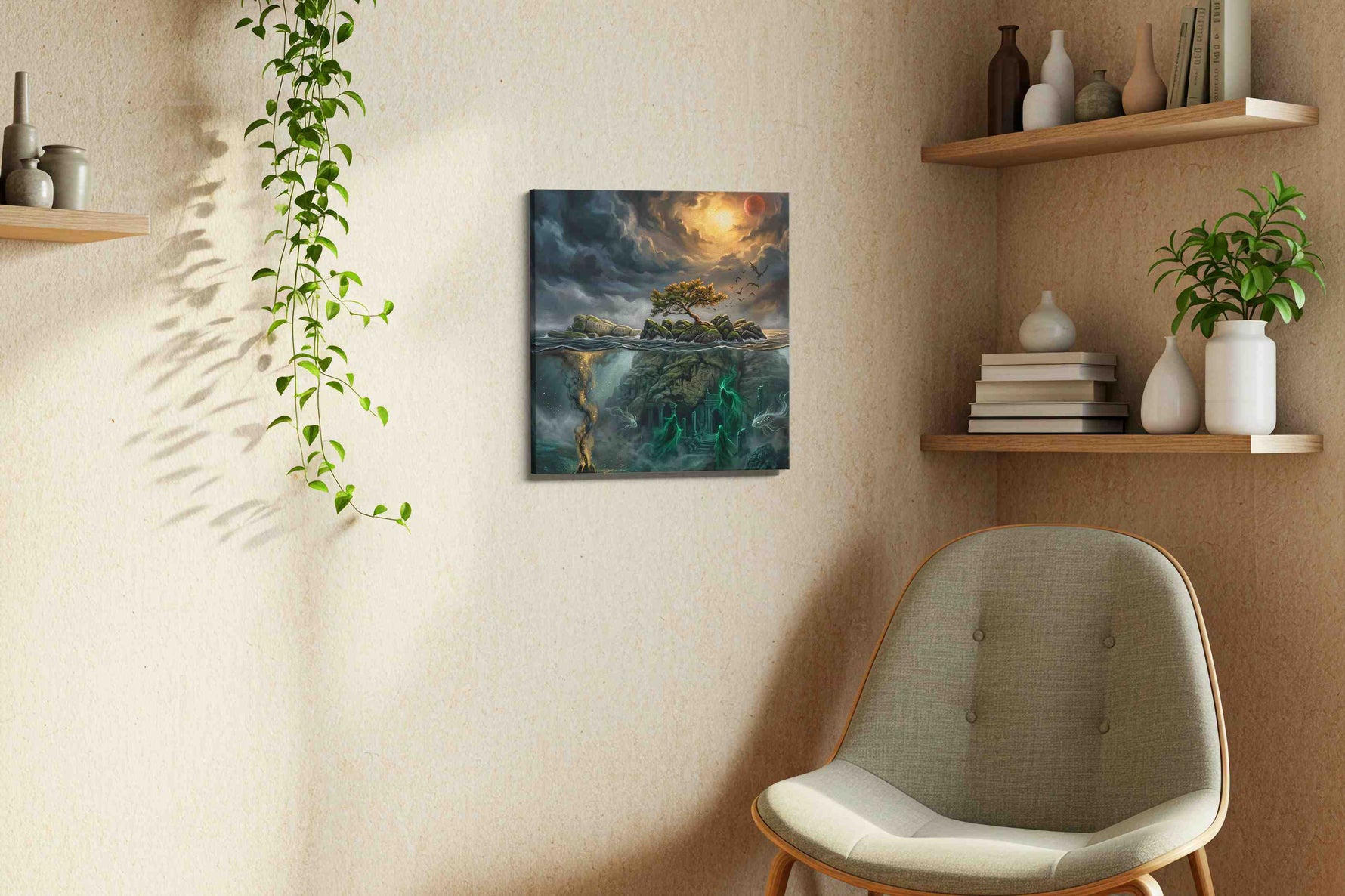 Blood Moon Over Sunken Runes fantasy canvas wall art displayed above a bed in a contemporary bedroom