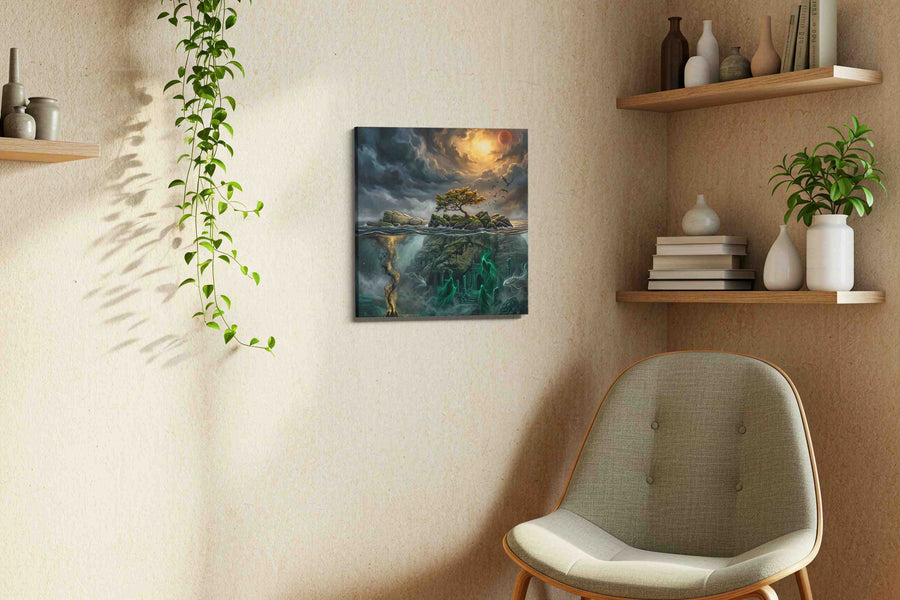 Blood Moon Over Sunken Runes fantasy canvas wall art displayed above a bed in a contemporary bedroom