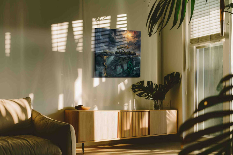 Blood Moon Over Sunken Runes fantasy canvas wall art shown hanging in a styled interior
