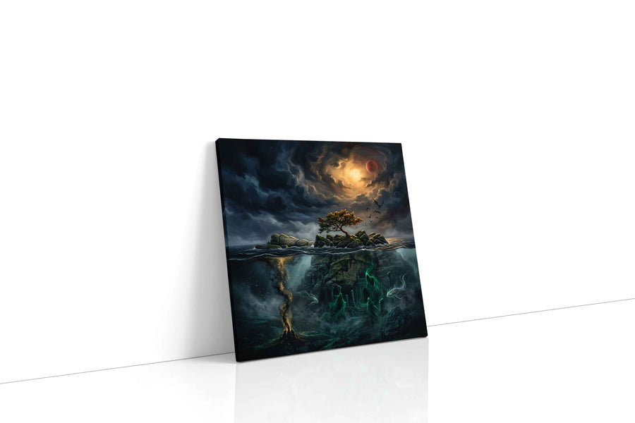 Blood Moon Over Sunken Runes fantasy canvas wall art gallery-wrapped square canvas studio shot