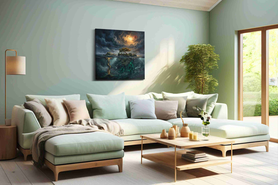Blood Moon Over Sunken Runes fantasy canvas wall art shown in a wall scene