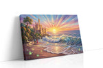 Castle of the Luminous Tide fantasy canvas wall art displayed above a sofa in a modern living room