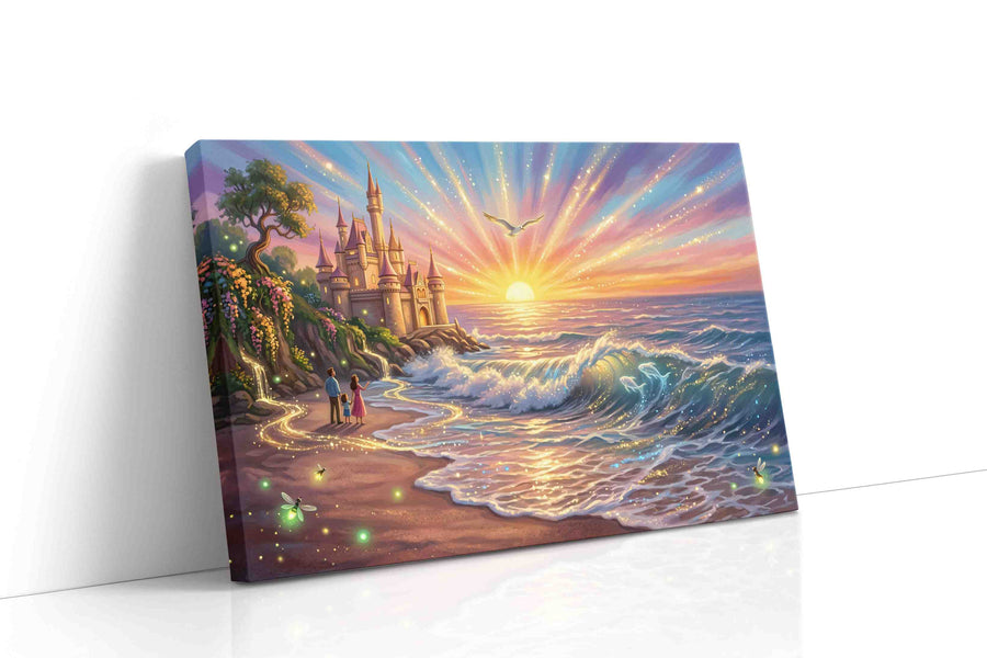 Castle of the Luminous Tide fantasy canvas wall art displayed above a sofa in a modern living room