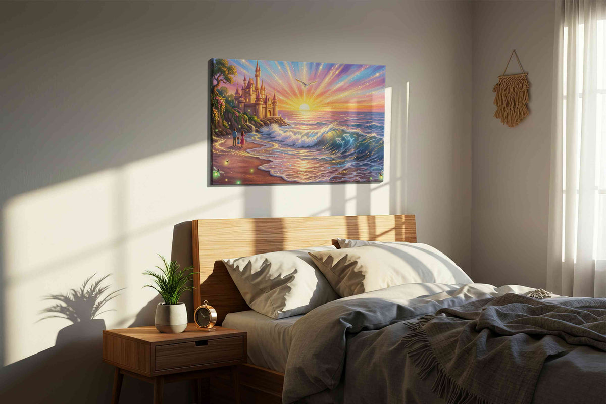 Castle of the Luminous Tide fantasy canvas wall art displayed above a bed in a styled bedroom scene
