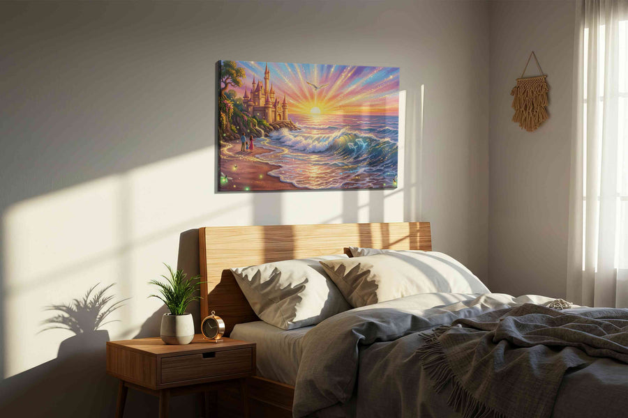 Castle of the Luminous Tide fantasy canvas wall art displayed above a bed in a styled bedroom scene