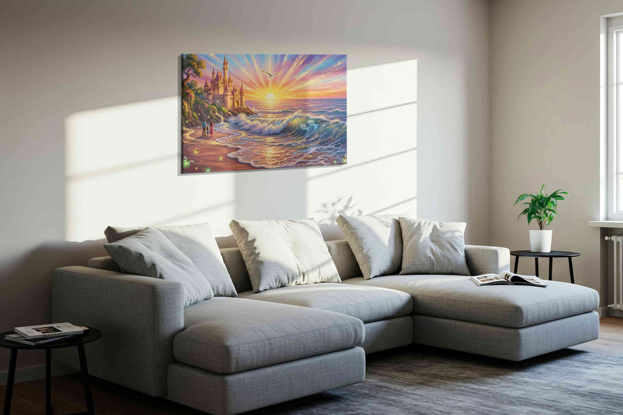Castle of the Luminous Tide fantasy canvas wall art styled in a living room