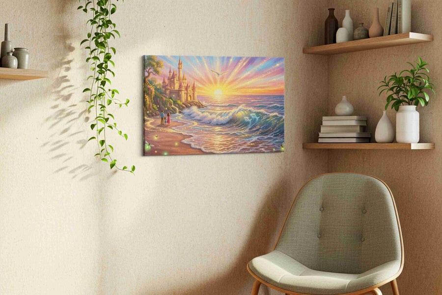 Castle of the Luminous Tide fantasy canvas wall art displayed above a bed in a contemporary bedroom