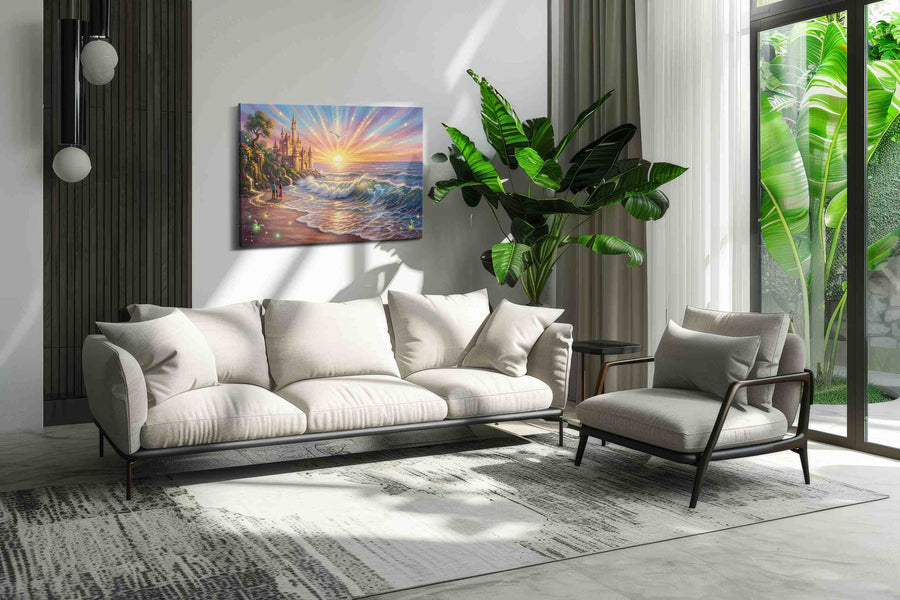 Castle of the Luminous Tide fantasy canvas wall art shown hanging in a styled interior