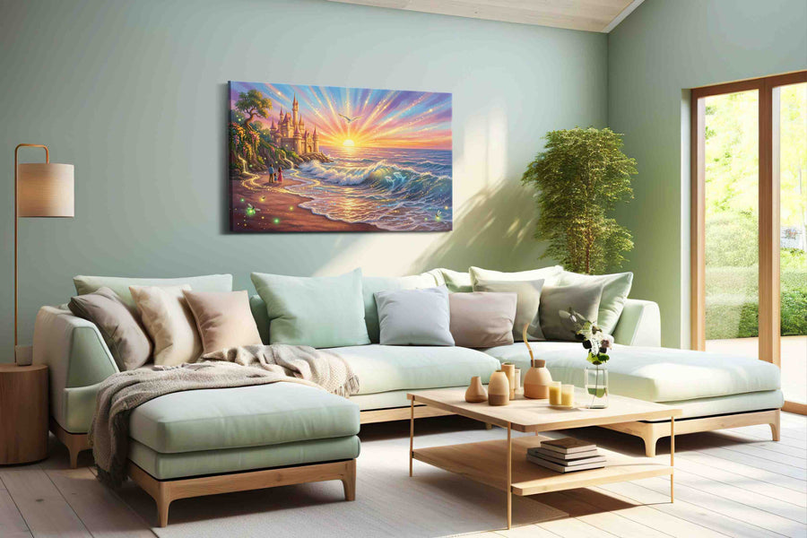 Castle of the Luminous Tide fantasy canvas wall art shown in a wall scene