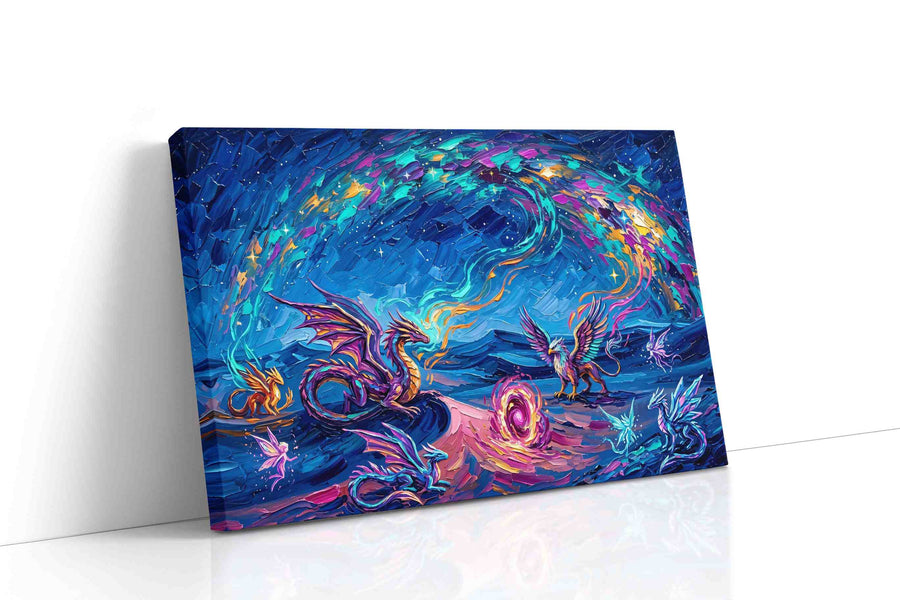 Celestial Bestiary Bloom fantasy canvas wall art displayed above a sofa in a modern living room