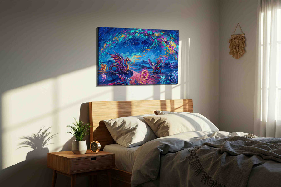 Celestial Bestiary Bloom fantasy canvas wall art displayed above a bed in a styled bedroom scene