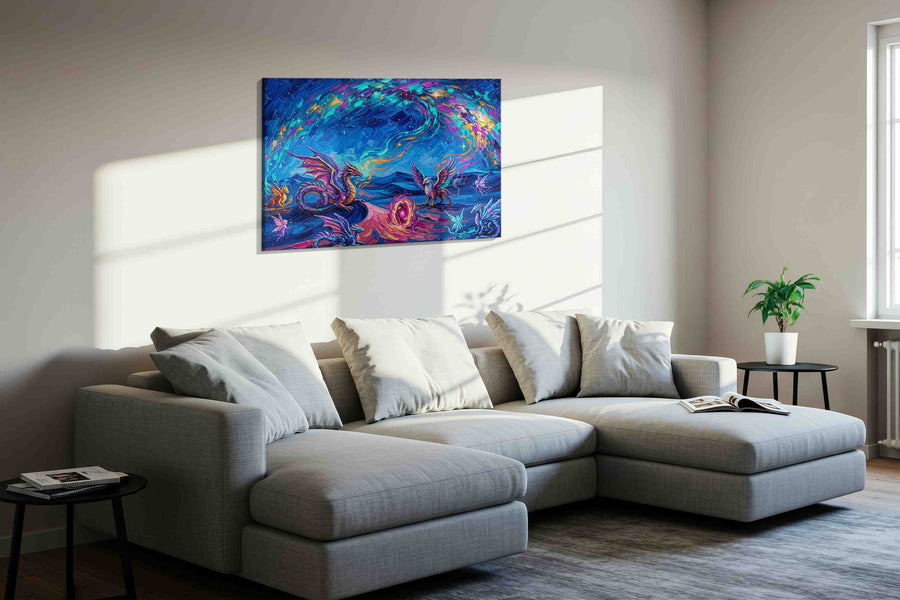 Celestial Bestiary Bloom fantasy canvas wall art displayed above a sofa in a styled living room scene