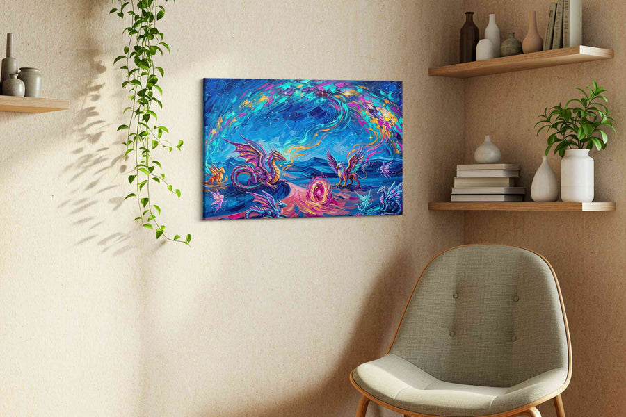 Celestial Bestiary Bloom fantasy canvas wall art styled in a living room
