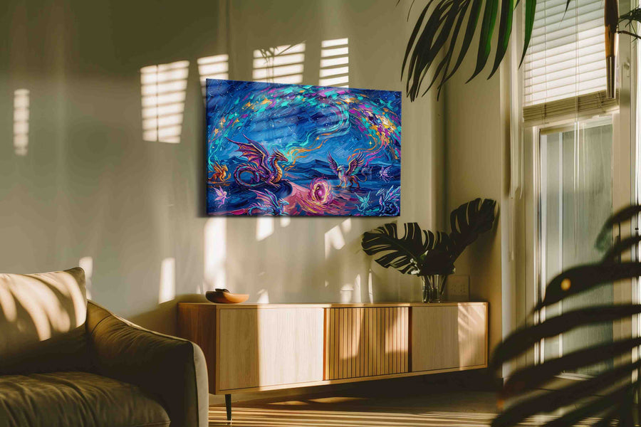 Celestial Bestiary Bloom fantasy canvas wall art shown hanging in a styled interior