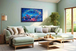 Celestial Bestiary Bloom fantasy canvas wall art displayed above a bed in a contemporary bedroom