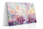 Celestial Bloom Citadel fantasy canvas wall art displayed above a bed in a contemporary bedroom
