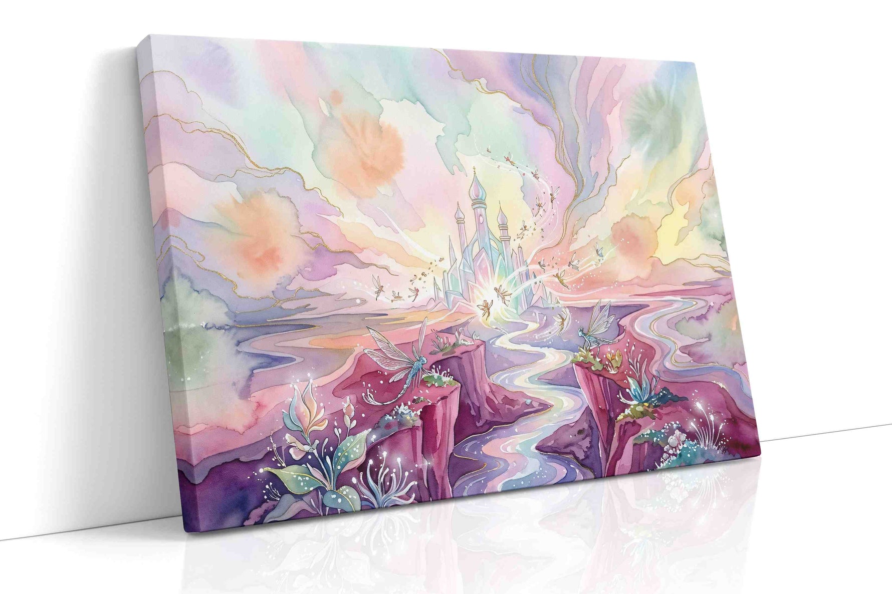 Celestial Bloom Citadel fantasy canvas wall art displayed above a bed in a contemporary bedroom