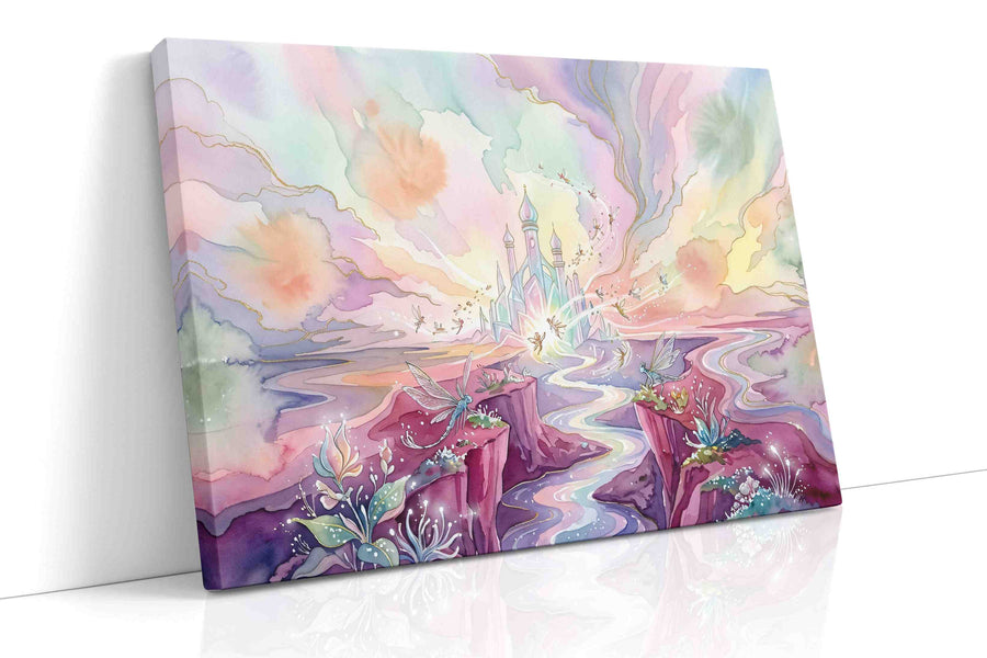 Celestial Bloom Citadel fantasy canvas wall art displayed above a bed in a contemporary bedroom