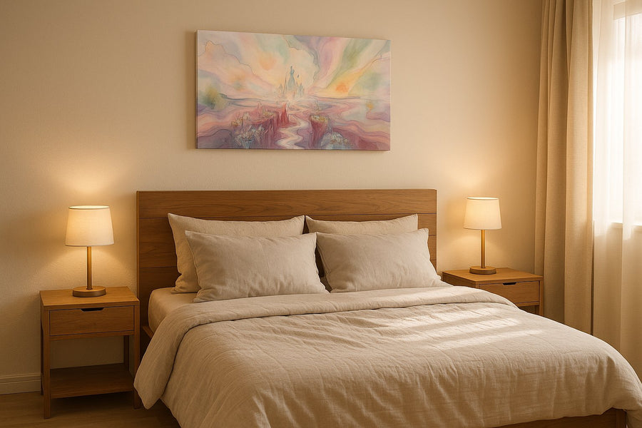 Celestial Bloom Citadel fantasy canvas wall art displayed above a bed in a styled bedroom scene