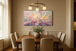 Celestial Bloom Citadel fantasy canvas wall art displayed above a sofa in a modern living room