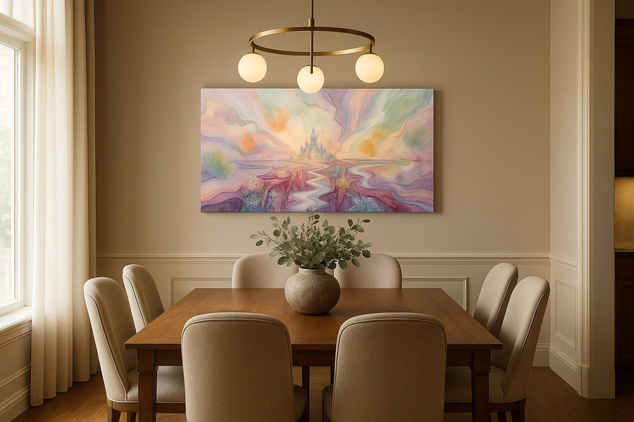 Celestial Bloom Citadel fantasy canvas wall art displayed above a sofa in a modern living room