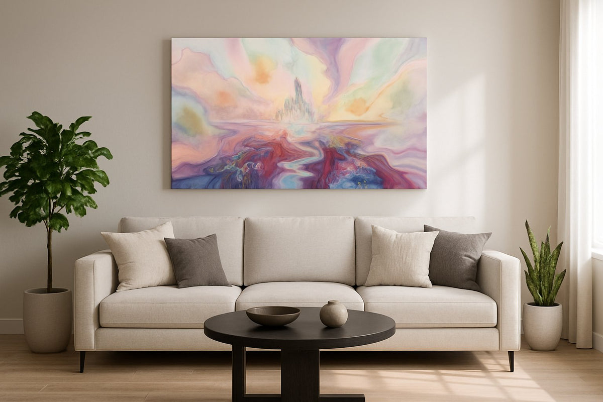 Celestial Bloom Citadel fantasy canvas wall art displayed above a sofa in a styled living room scene