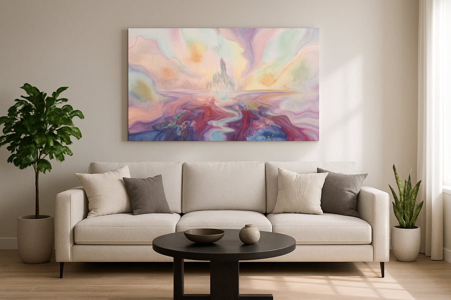 Celestial Bloom Citadel fantasy canvas wall art displayed above a sofa in a styled living room scene