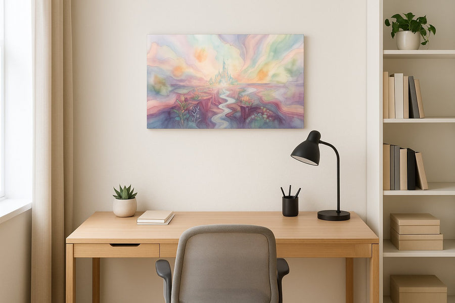 Celestial Bloom Citadel fantasy canvas wall art shown hanging in a sleek modern interior