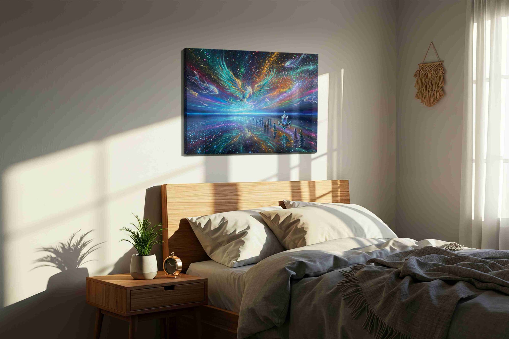 Celestial Tides of the Phoenix fantasy canvas wall art styled in a bedroom