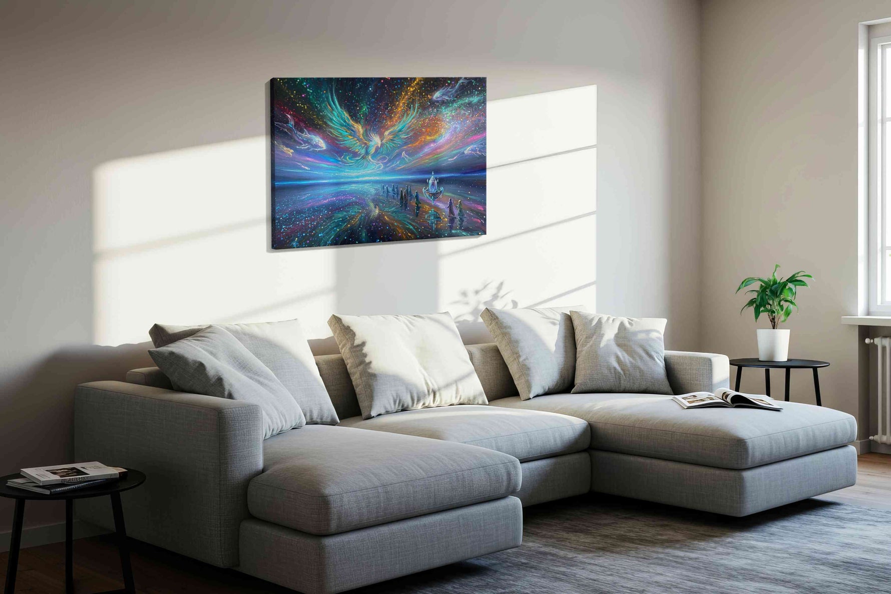 Celestial Tides of the Phoenix fantasy canvas wall art styled in a living room