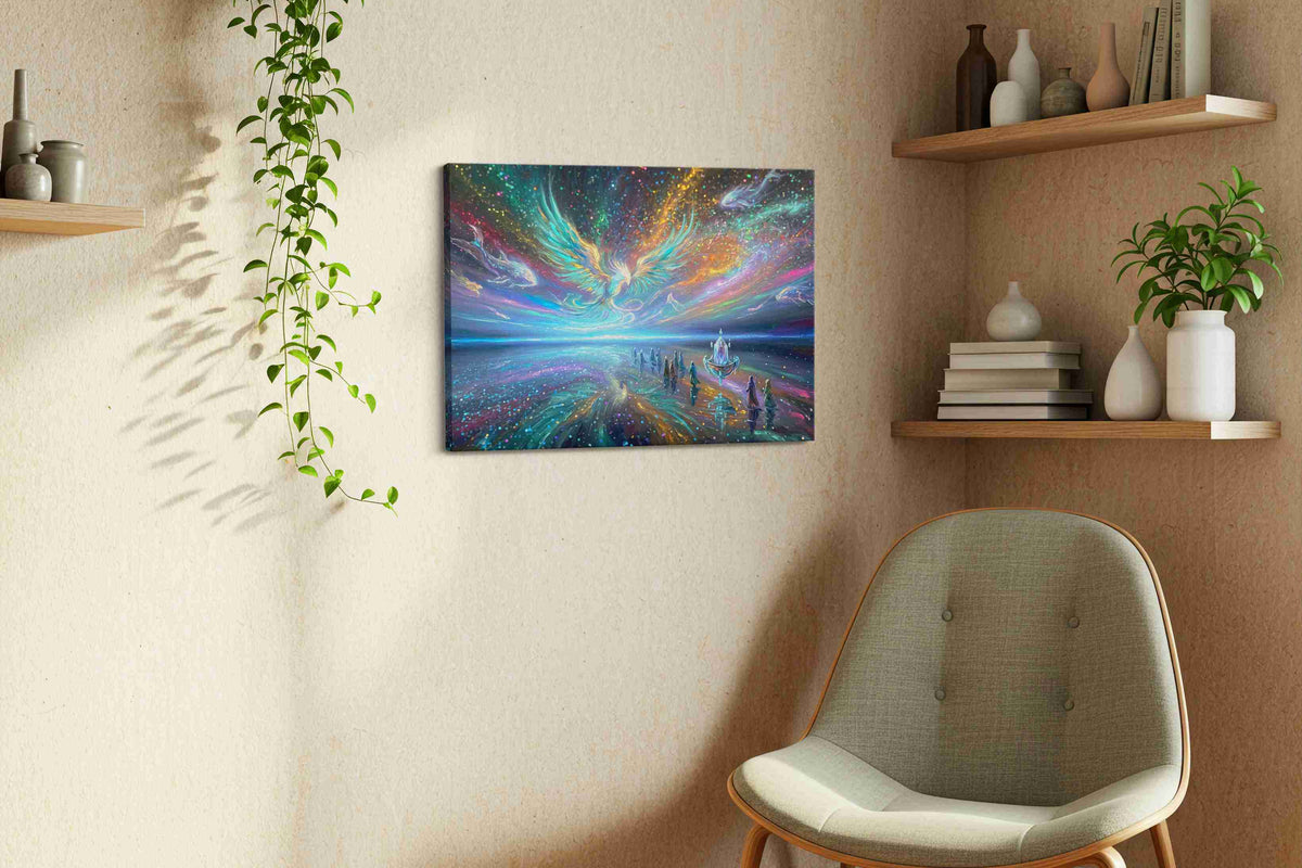 Celestial Tides of the Phoenix fantasy canvas wall art displayed above a bed in a contemporary bedroom