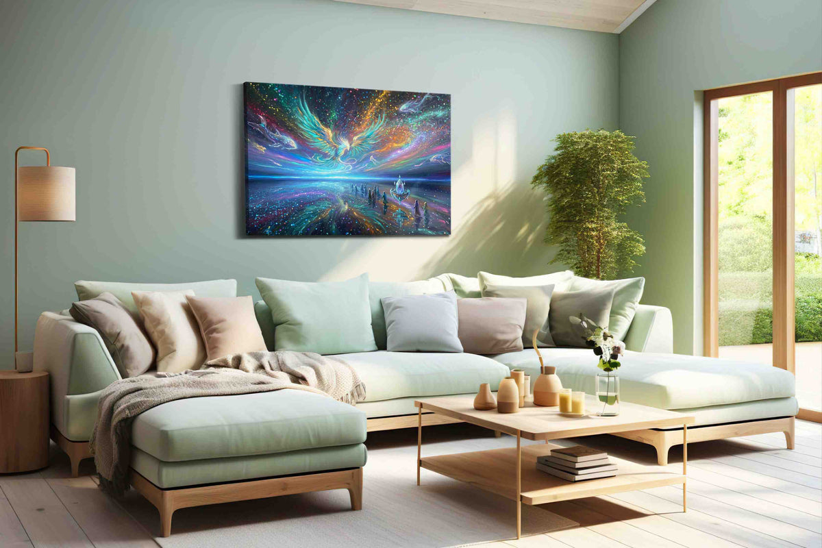 Celestial Tides of the Phoenix fantasy canvas wall art shown in a wall scene