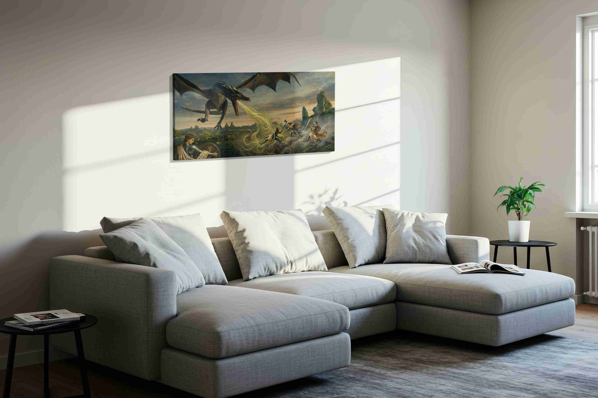 Dragon's Breath at Dusk fantasy canvas wall art displayed above a sofa in a styled living room scene