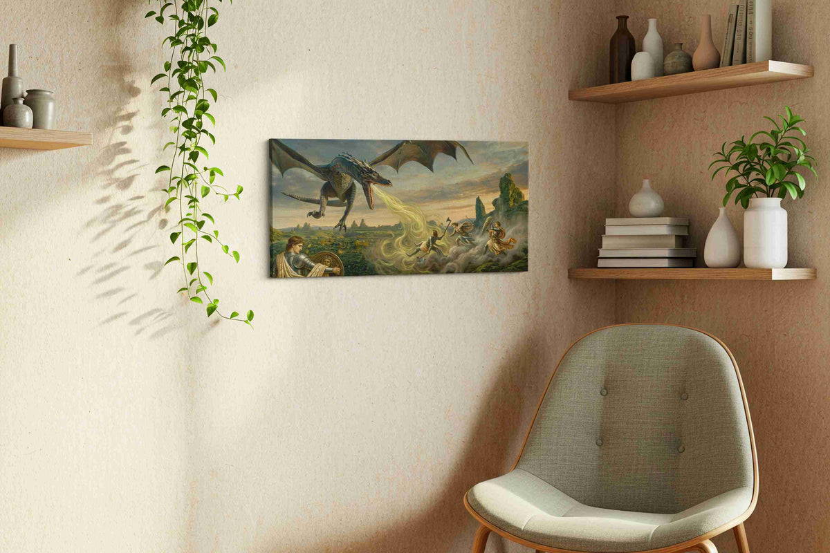 Dragon's Breath at Dusk fantasy canvas wall art styled in a living room