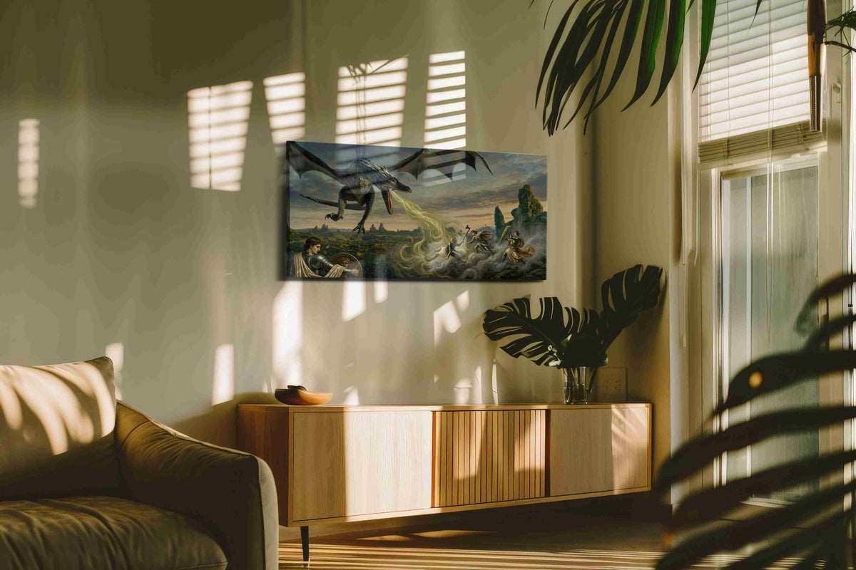 Dragon's Breath at Dusk fantasy canvas wall art shown hanging in a styled interior